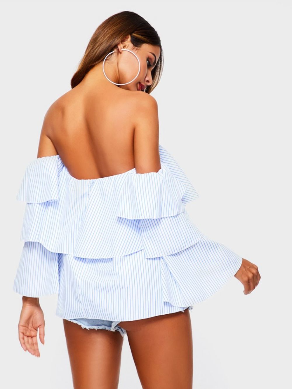 Off-Shoulder Gestreepte Falbala Standaard Blouse