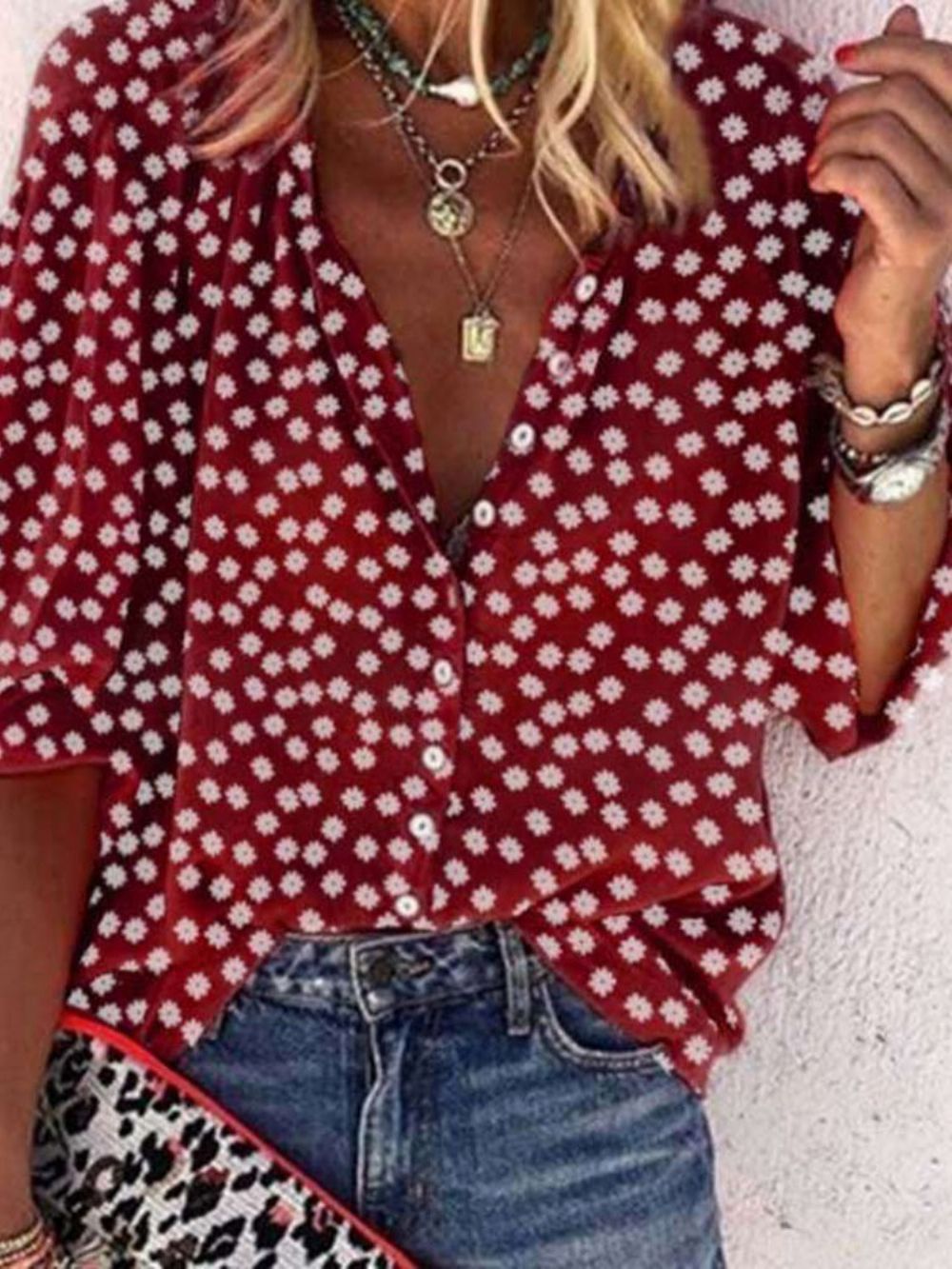 Patchwork Bloemen V-Hals Standaard Blouse Met Lange Mouwen