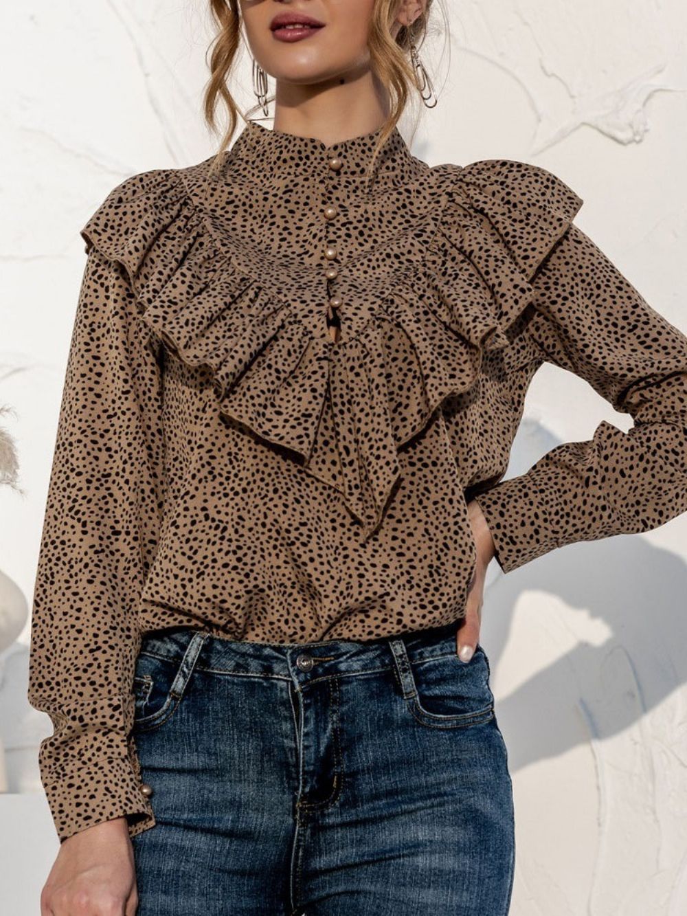 Polka Dots Button Regular Standaard Damesblouse Met Lange Mouwen