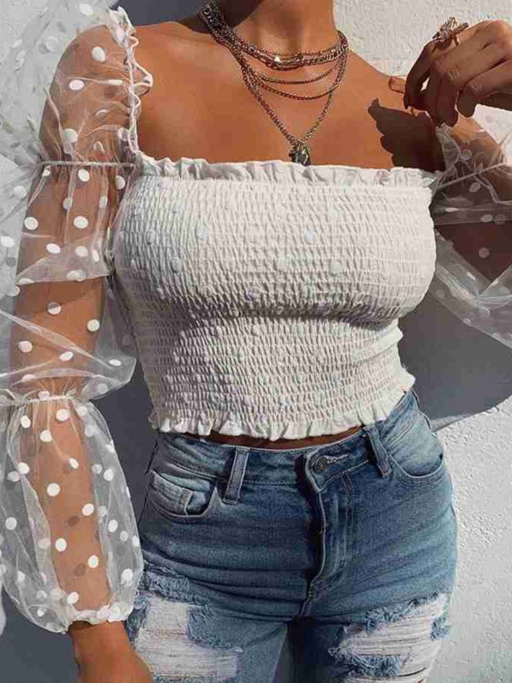 Polka Dots Doorzichtige Vierkante Hals Standaard Damesblouse Met Lange Mouwen