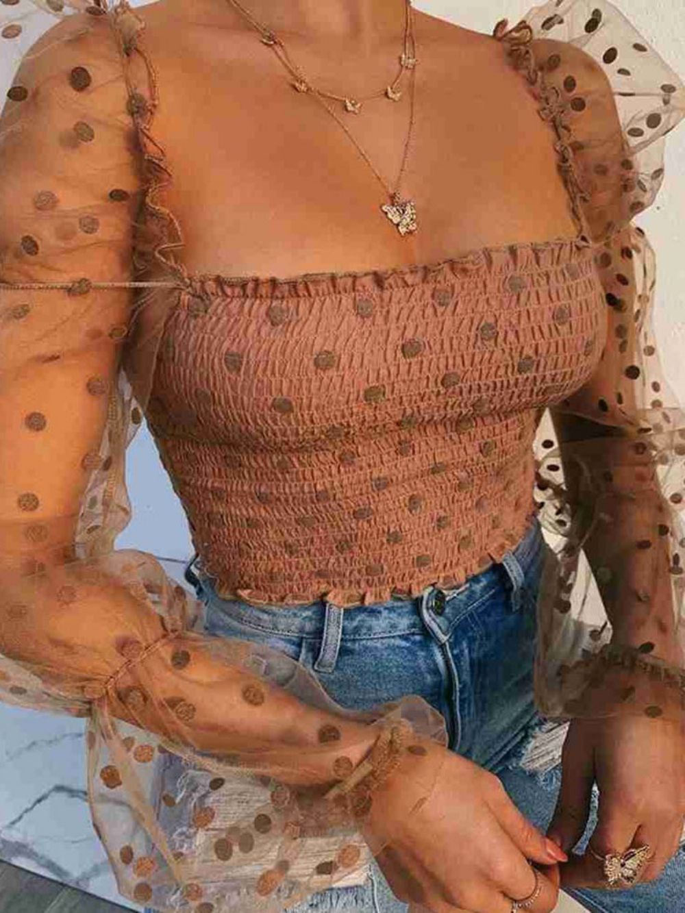 Polka Dots Doorzichtige Vierkante Hals Standaard Damesblouse Met Lange Mouwen