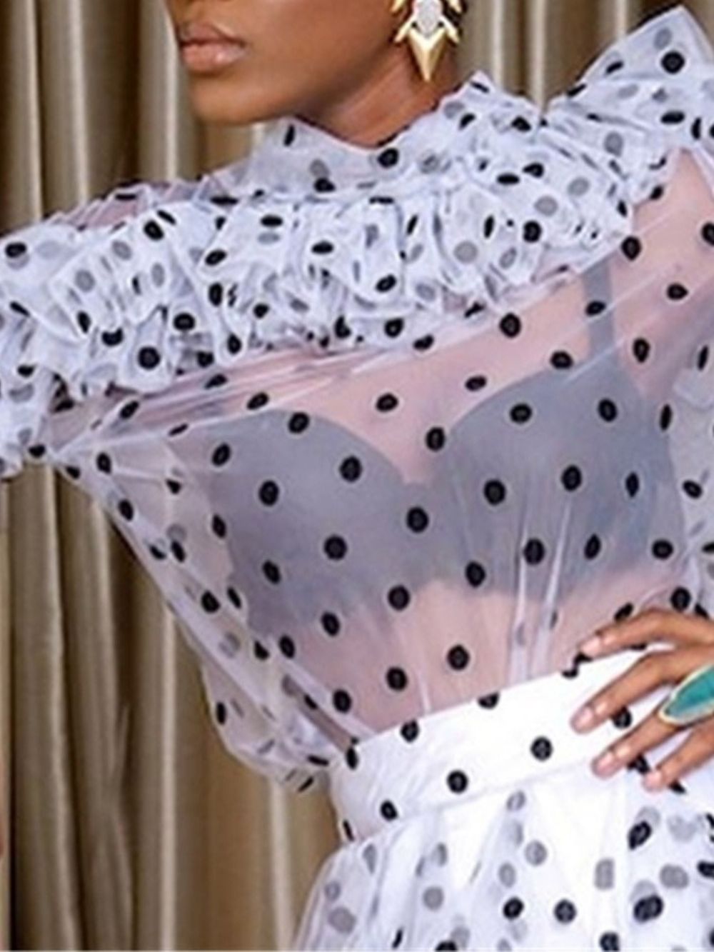 Polka Dots Falbala Standaard Damesblouse Met Lange Mouwen