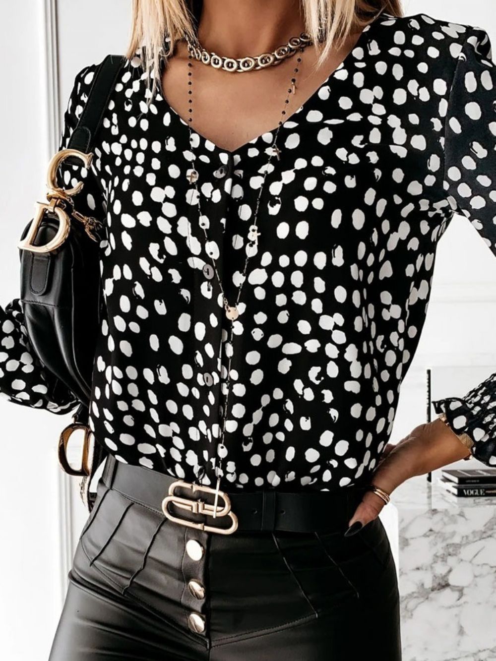 Polka Dots Patchwork V-Hals Standaard Blouse Dames
