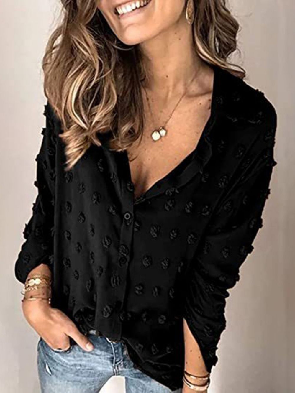 Revers Stippen Normale Blouse Met Lange Mouwen En Halflange Mouwen