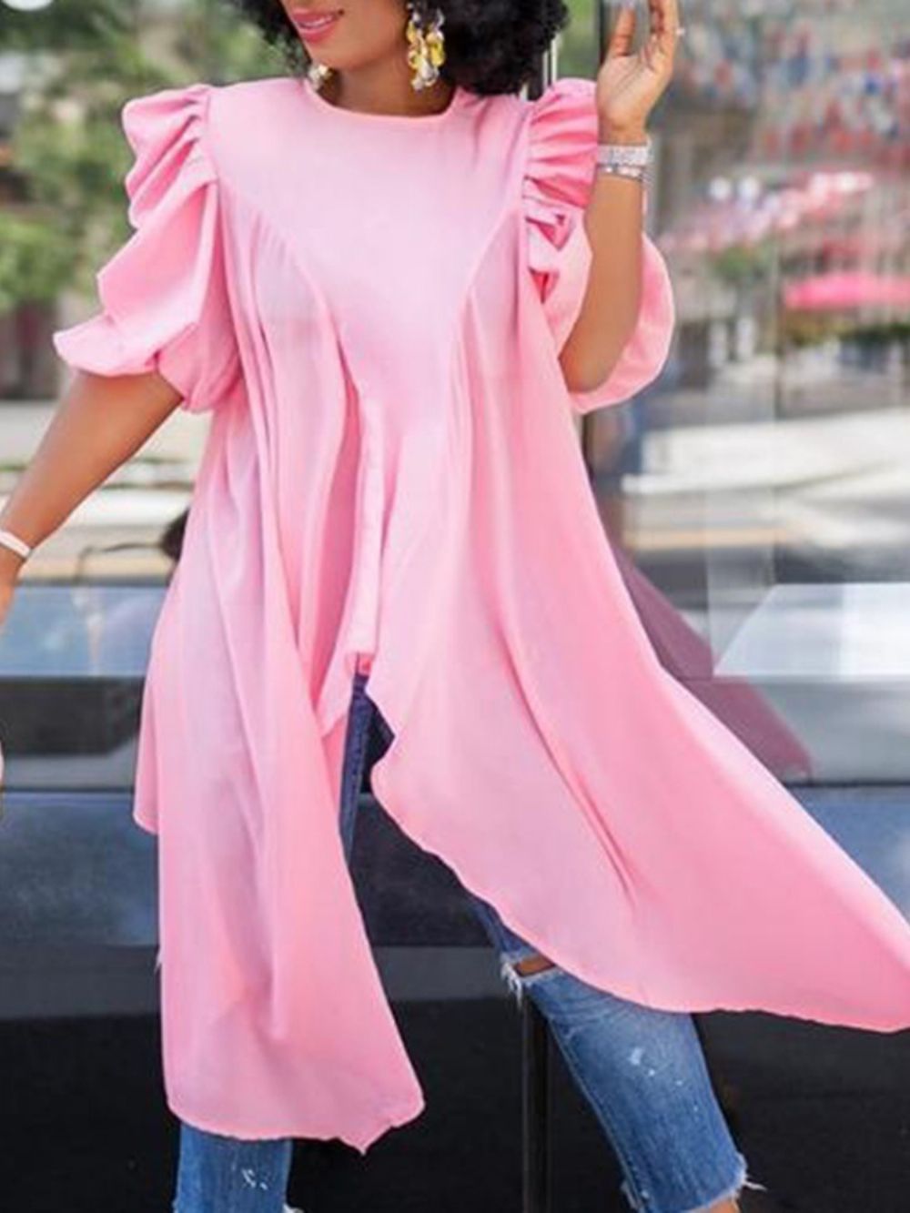Ronde Hals Geplooide Effen Lange Blouse Met Halve Mouwen