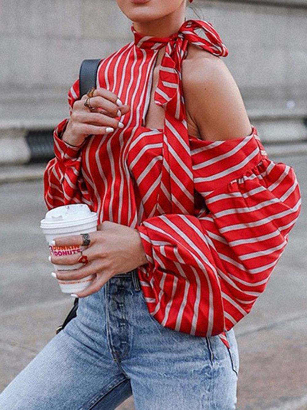 Staande Kraag Lantaarn Mouw Streep Lange Mouw Standaard Damesblouse