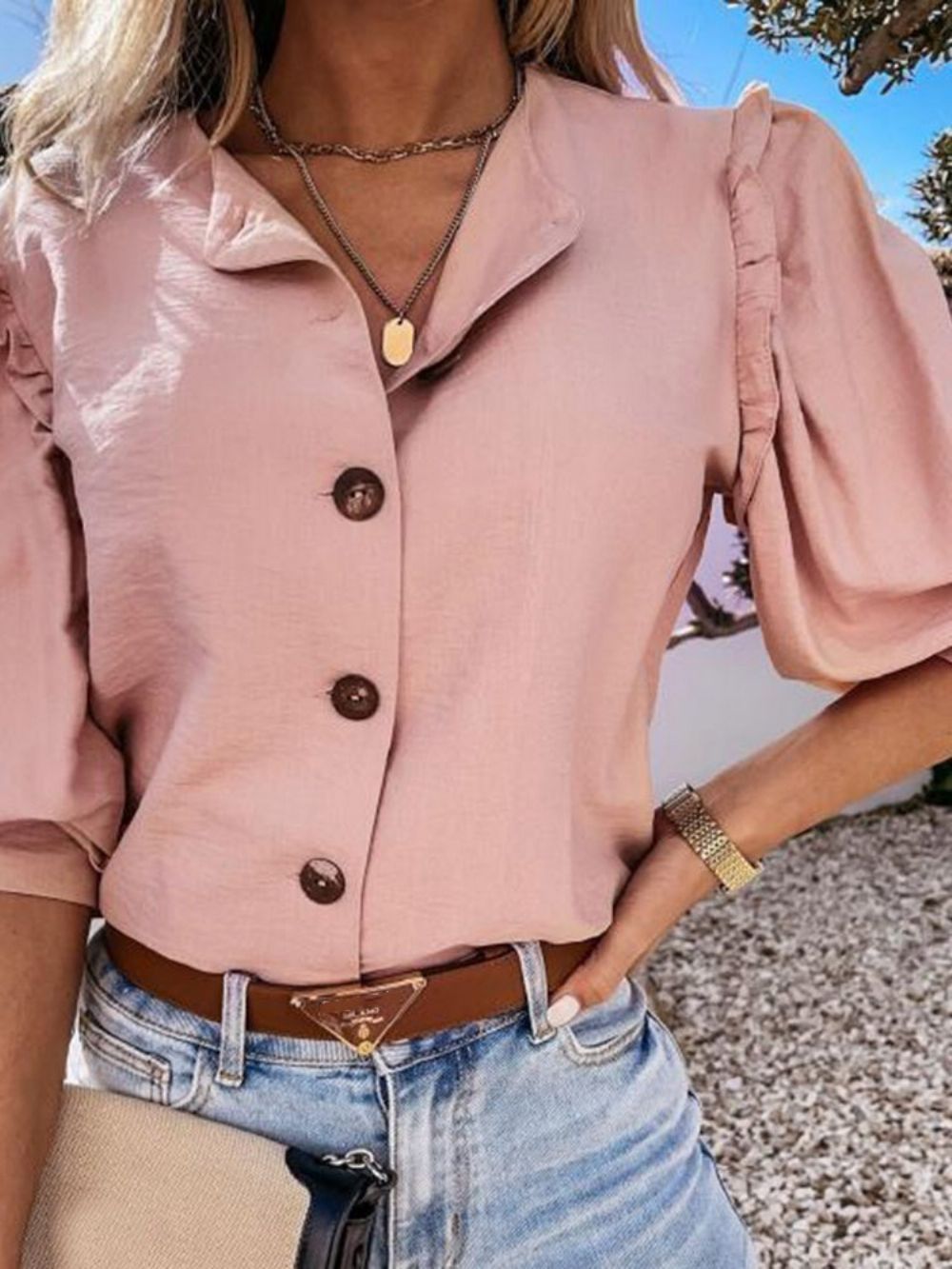 Standaard Blouse Dames Met Effen Knoop En Negen Punten Mouw