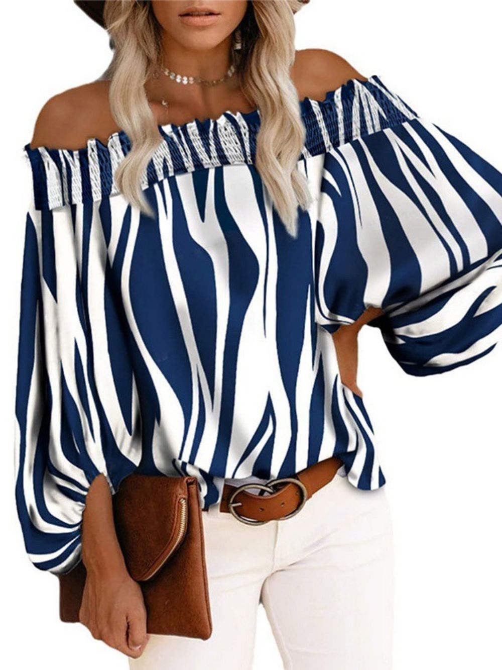 Standaard Blouse Met Kleurblokprint Off-Shoulder En Negen Punten Mouwen