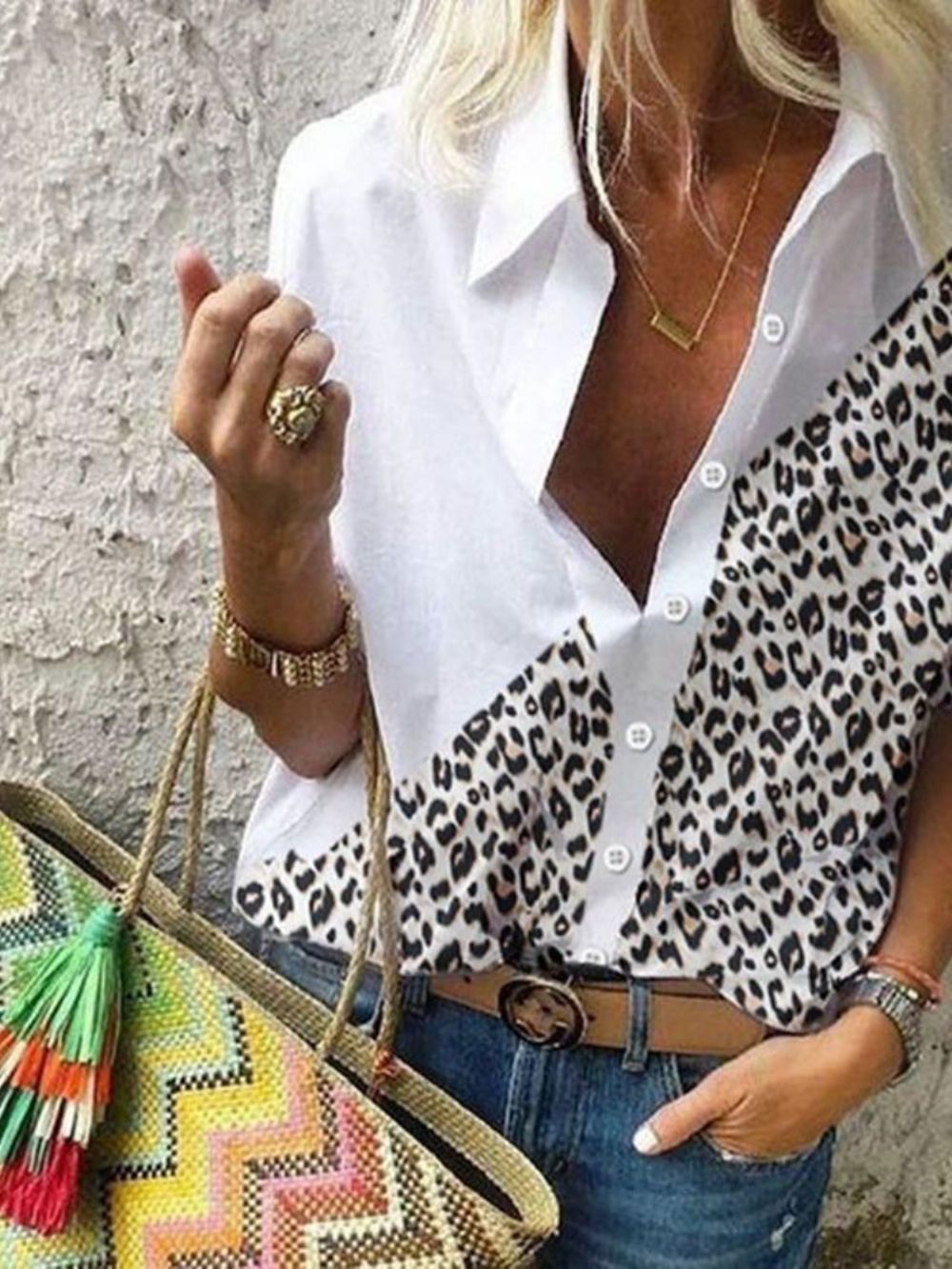 Standaard Blouse Met Revers En Luipaardprint Met Lange Mouwen