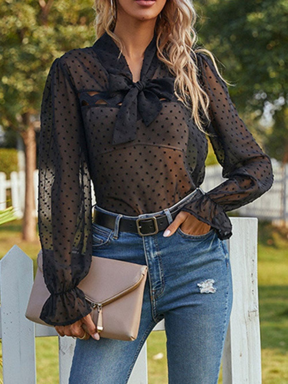 Standaard Blouse Met Stippen En Strik Met Lange Mouwen