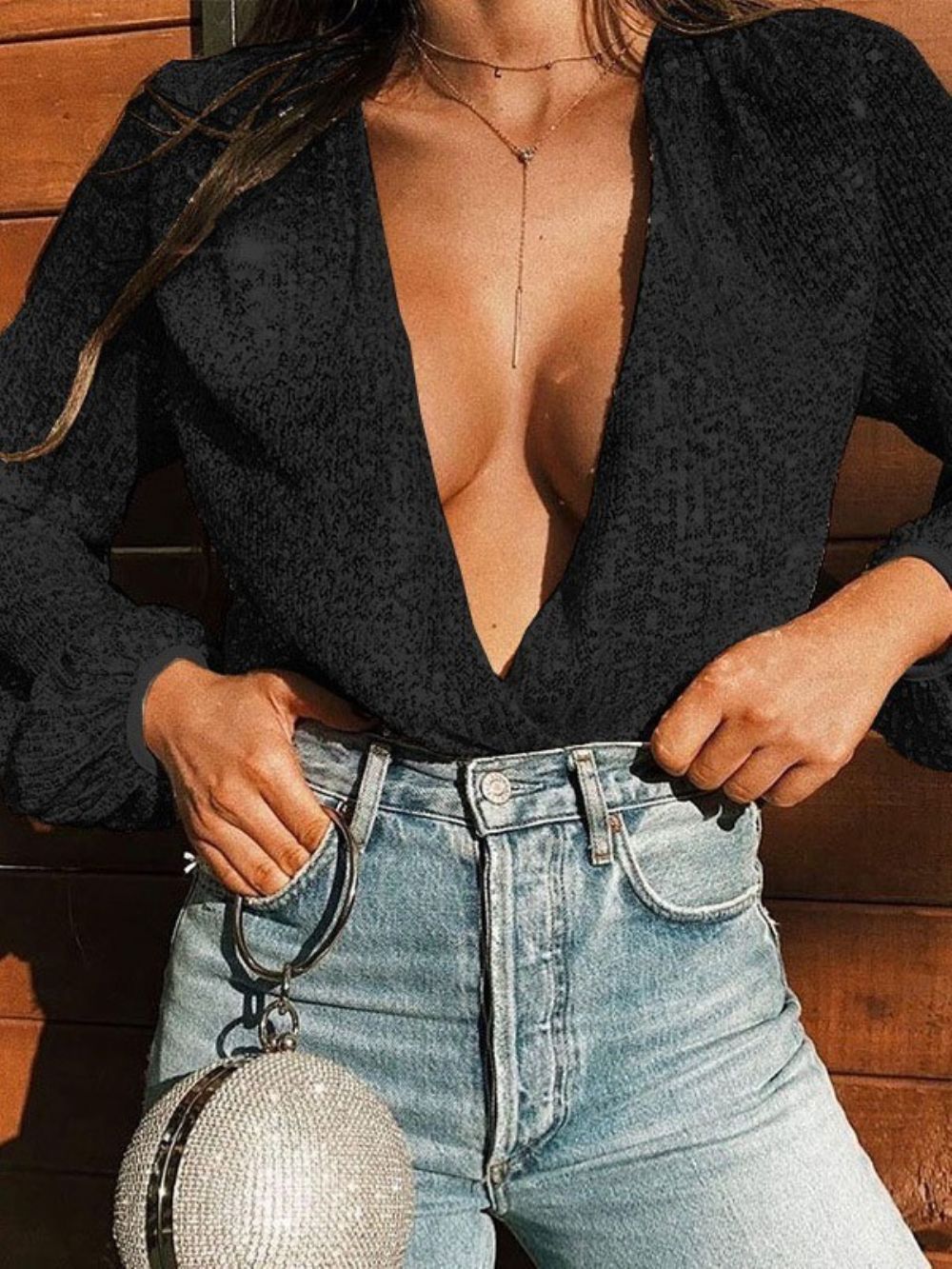 Standaard Blouse Met V-Hals Effen Pailletten En Lange Mouwen
