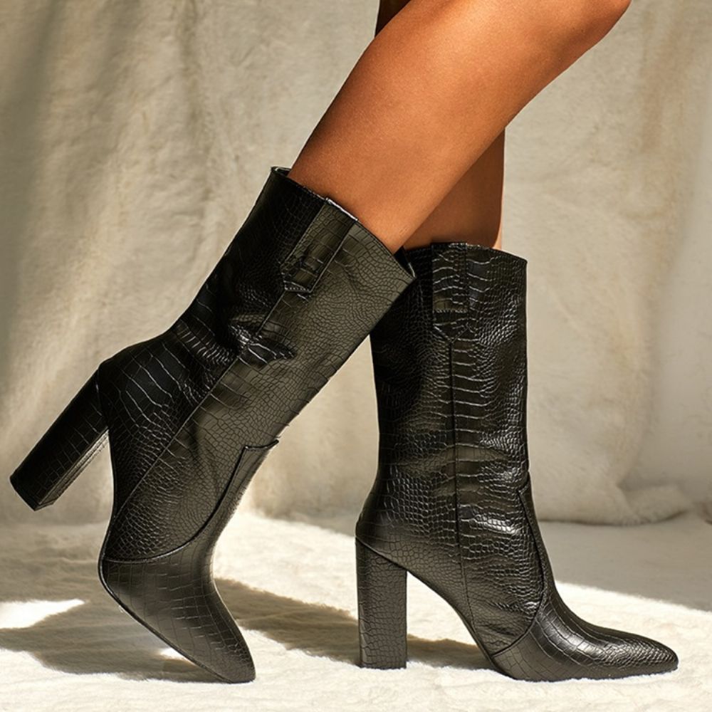 Chunky Heel Puntige Teen Effen Pu Casual Laarzen