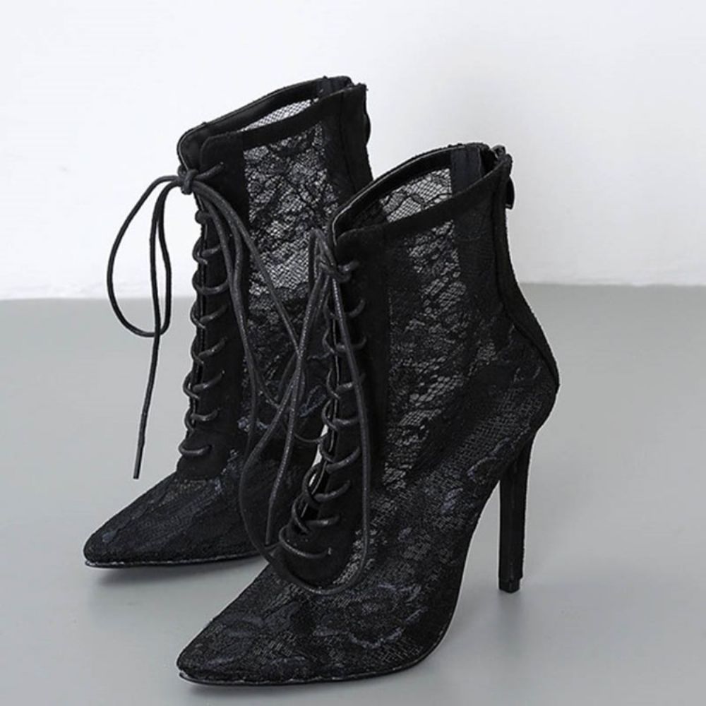 Mesh Stiletto Heel Back Zip Pointed Toe Enkellaarsjes Dames
