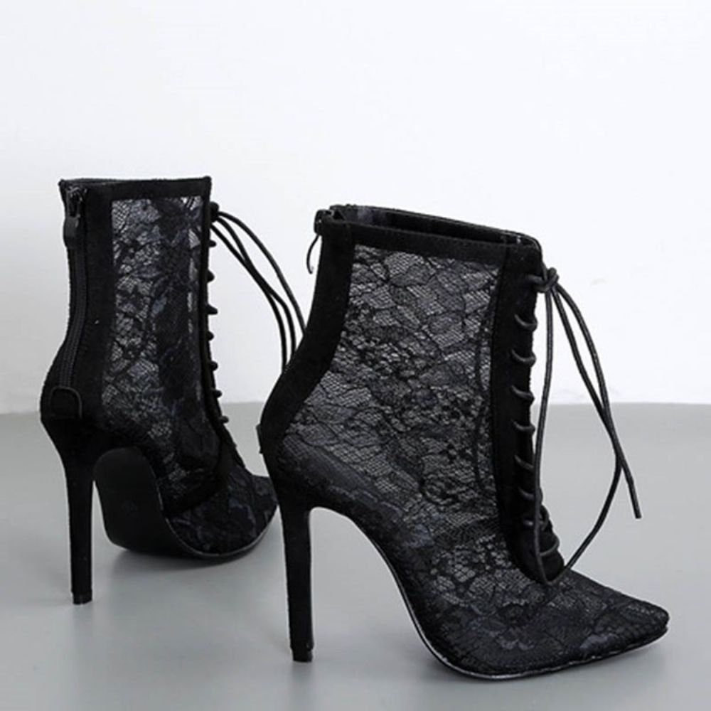Mesh Stiletto Heel Back Zip Pointed Toe Enkellaarsjes Dames