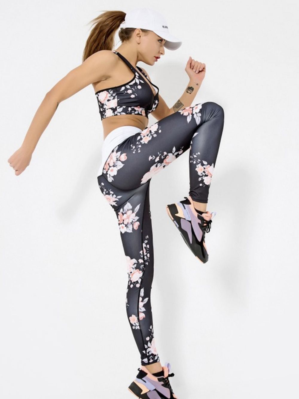 Sneldrogende Mouwloze Sportkledingset Met Bloemenprint