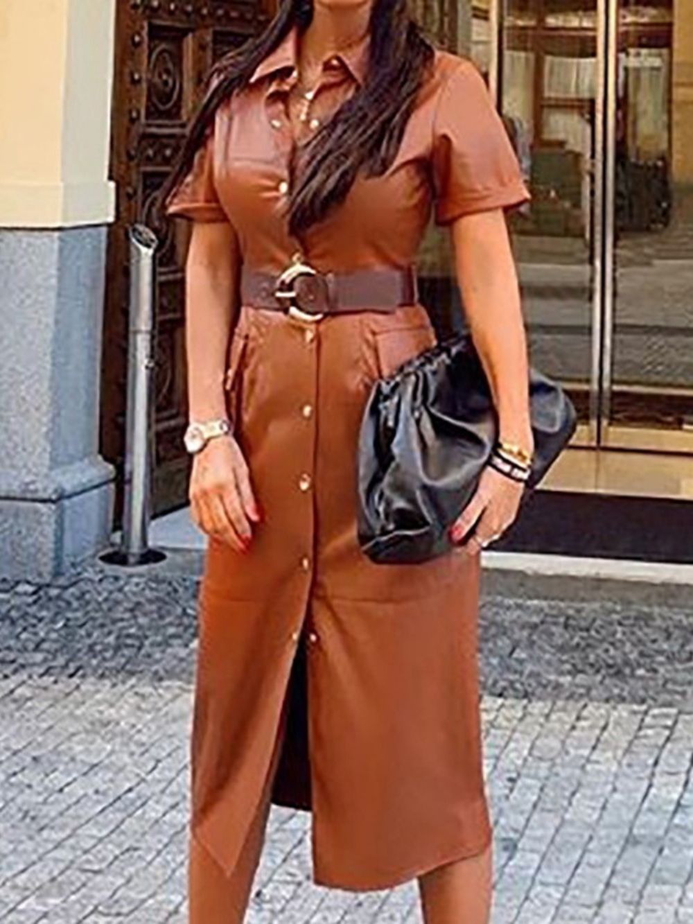 Bodycon-Jurk Met Riem Revers Halfhoge Taille Zomerse Taille