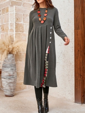 Halfhoge Ronde Hals Patchwork Herfst Jurk Met Hoge Taille