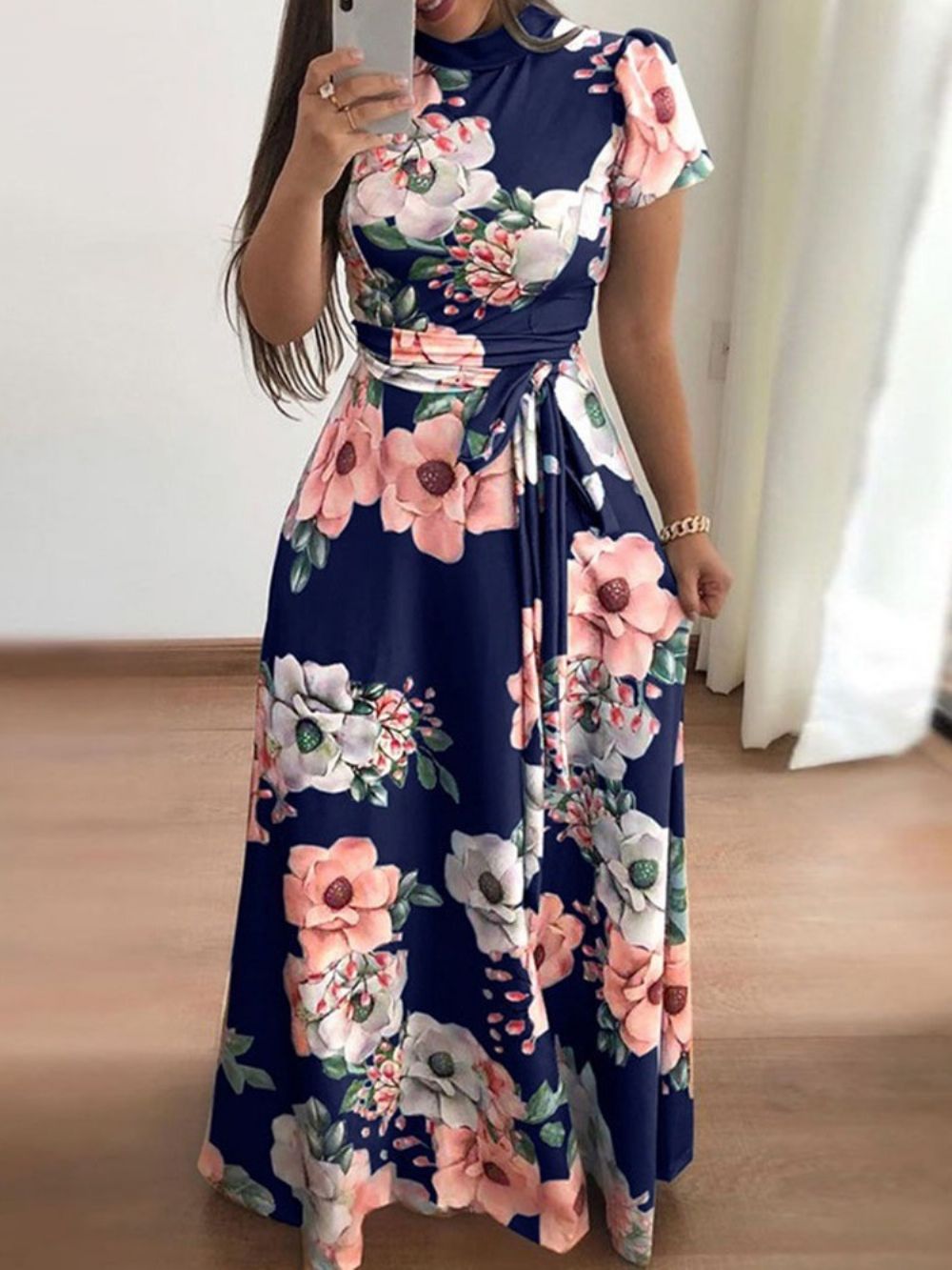 Jurk Tot De Grond Met Korte Mouwen En Halfhoge Taille Met Print