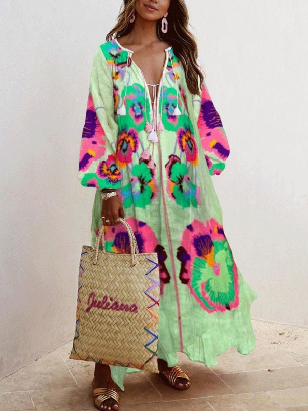 Maxi-Jurk Met Ronde Hals En Lange Mouwen En Bloemenreislook Met Veters