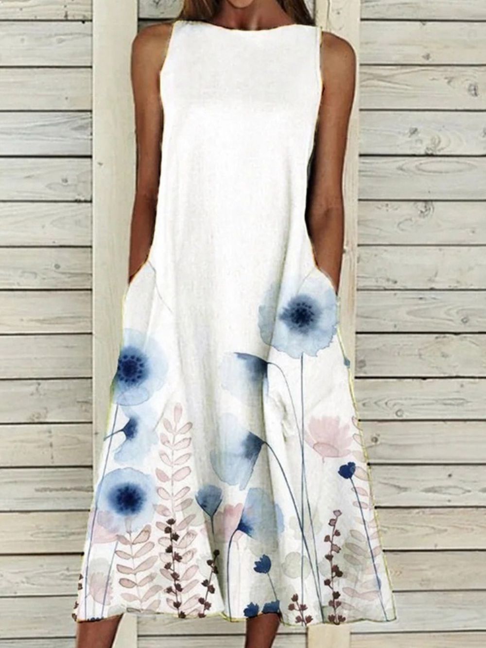 Mouwloze Midi-Jurk Tot Halverwege De Kuit Met Bloemenprint Grote Maat