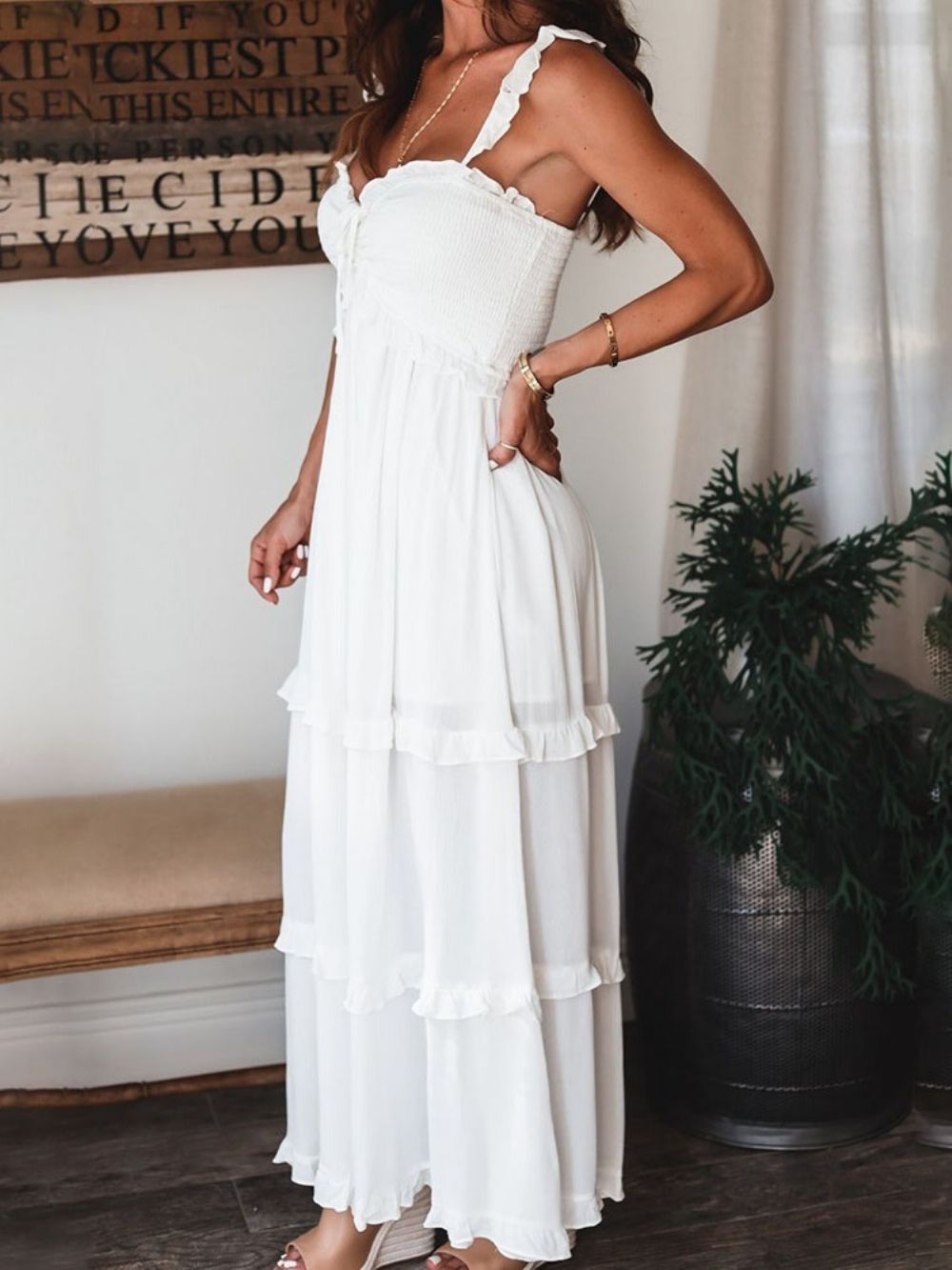 Patchwork Mouwloze Enkellange Western Effen Maxi Jurk Bruiloft Gast Jurk