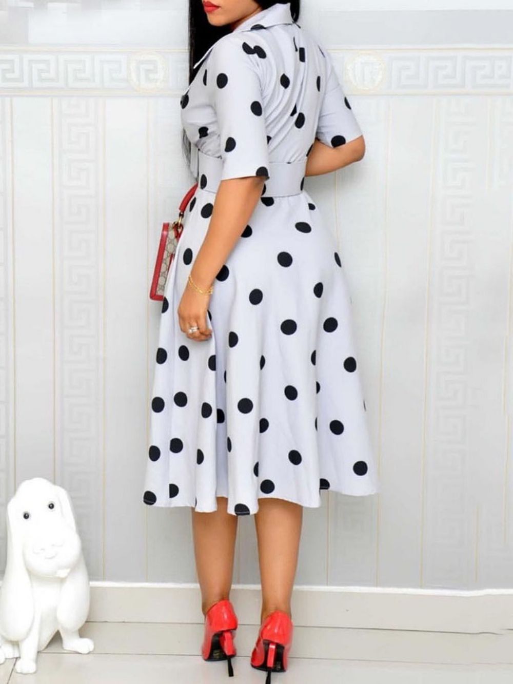 Polka Dots A-Lijn Halve Kuit Halve Mouw Normale Ol Jurk (Zonder Tailleband)