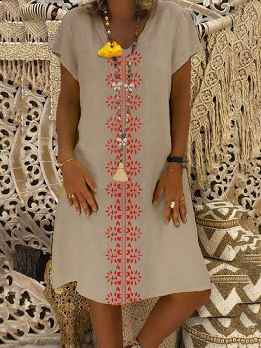 Print V-Hals Knielange Casual Geometrische Jurk (Zonder Ketting)
