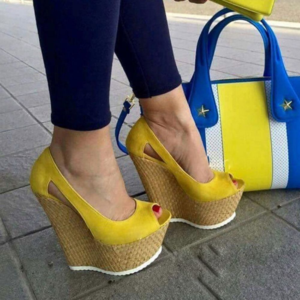 Gele Slip-On Platform Sandalen Met Sleehak En Peeptoe
