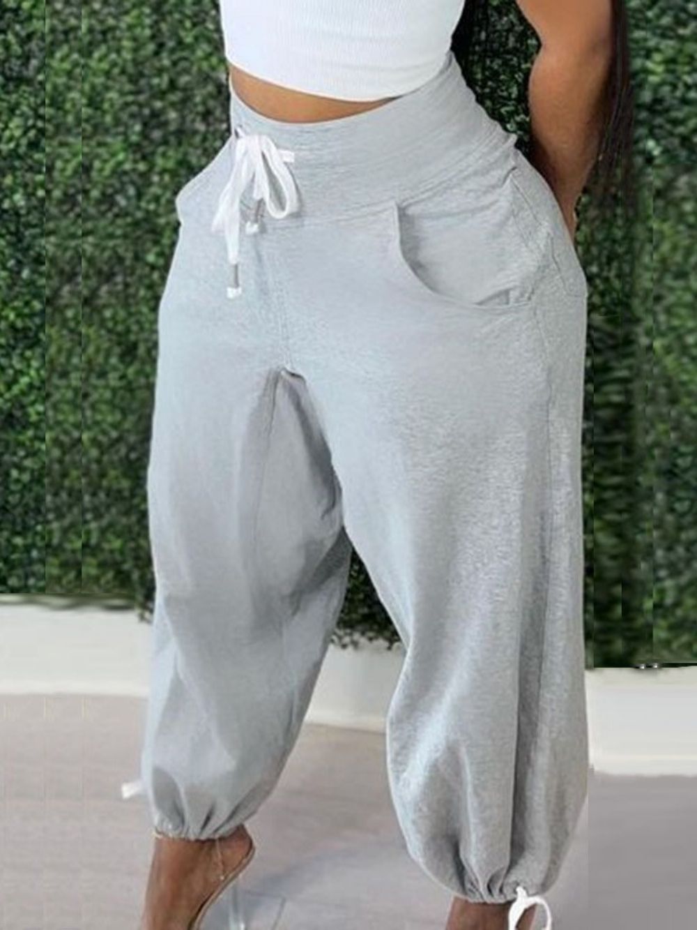 Effen Losse Broek Met Veters Over De Volledige Lengte Casual Broek Dames