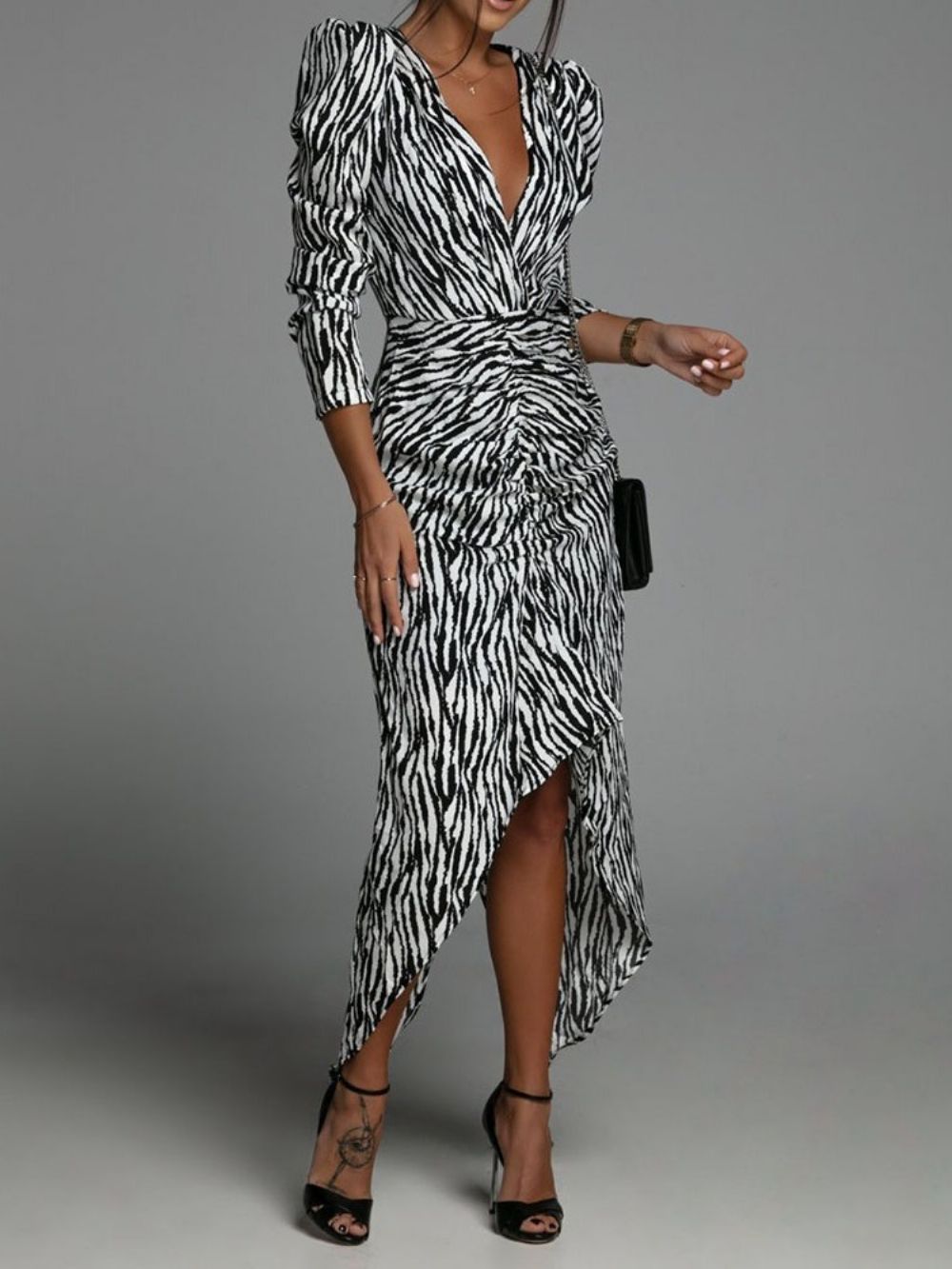 Asymmetrische Lange Mouw Enkellange Pofmouw Hoge Taille Casual Jurk