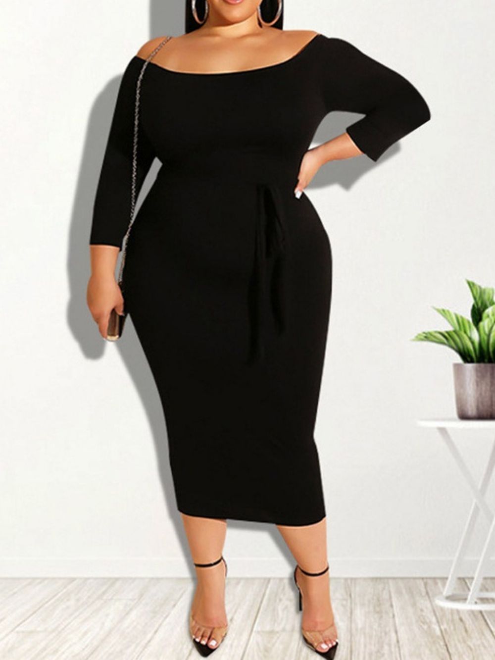 Bodycon-Jurk Met Driekwartmouwen En Vetersluiting Tot Halverwege De Kuit