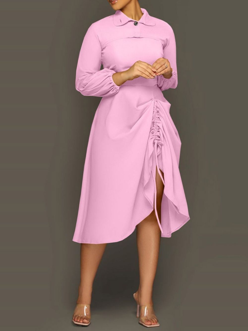 Halverwege De Kuit Negen Punten Mouw Revers Asymmetrische Lente Casual Jurk