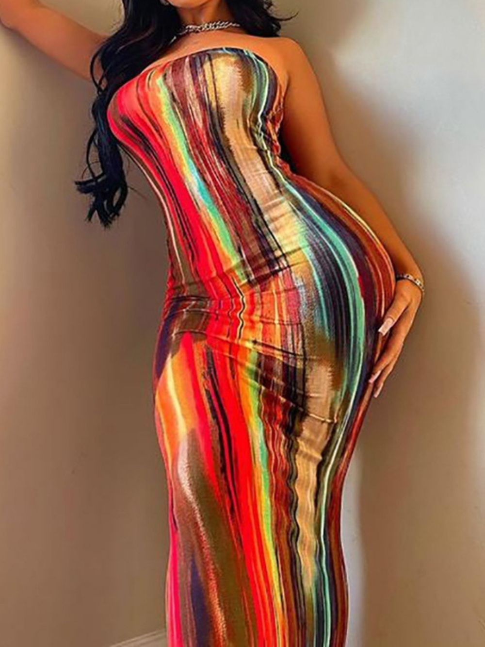 Tie Dye Mouwloze Bodycon-Jurk Tot De Grond