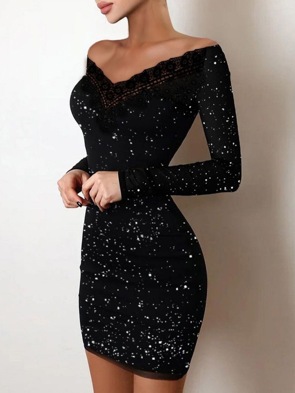 Bodycon-Jurk Met Kanten V-Hals Boven De Knie