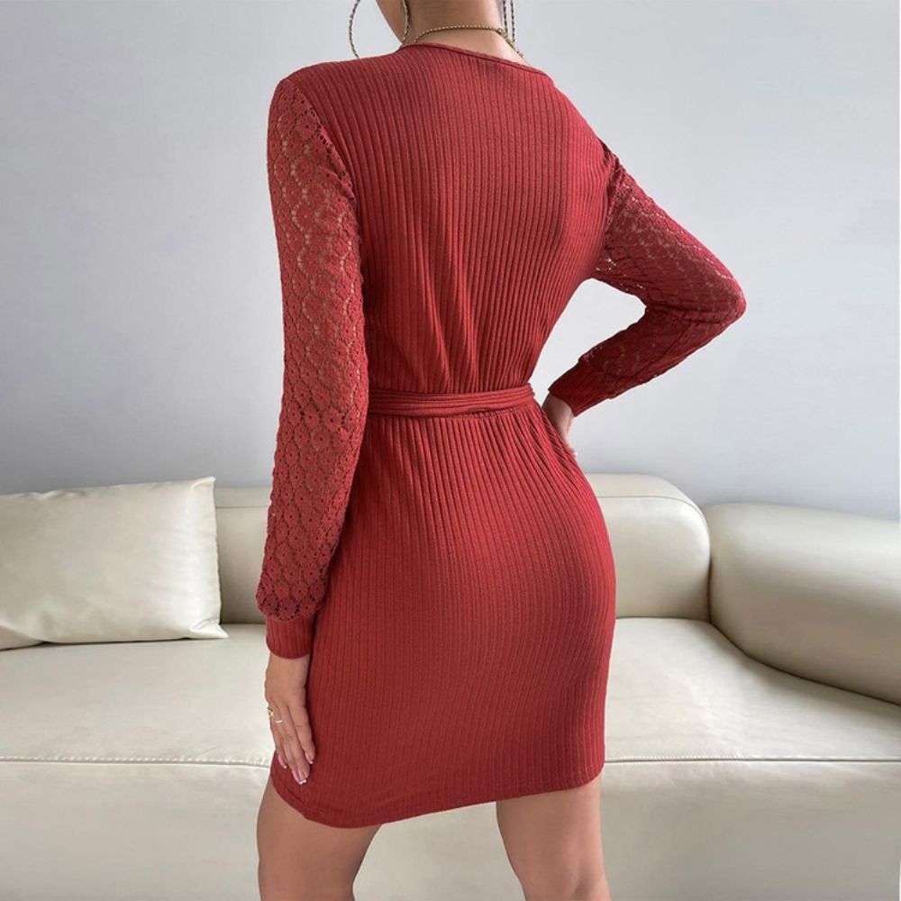 Boven De Knie V-Hals Mode Winter Bodycon Jurk Met Lange Mouwen