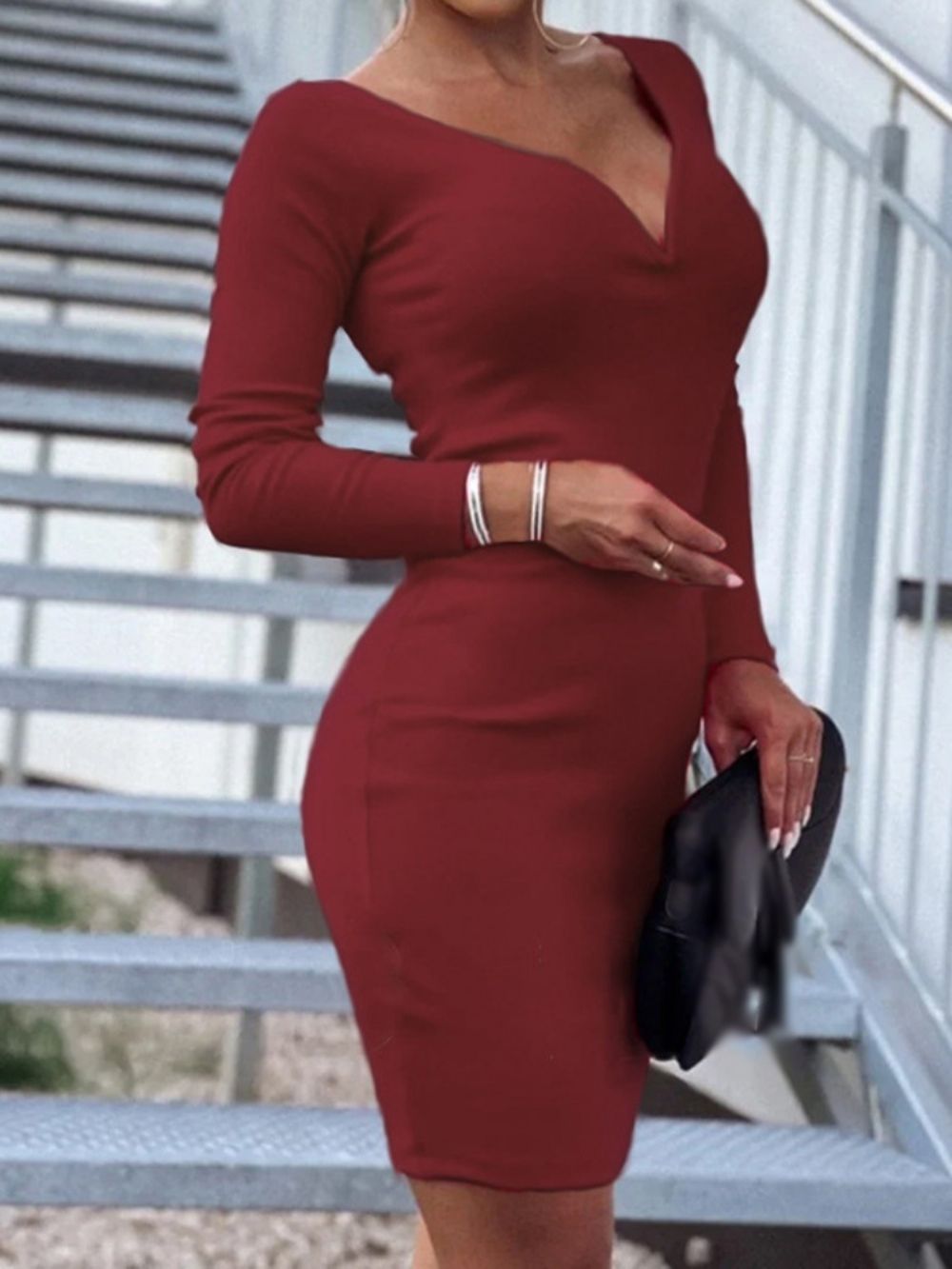 Effen Bodycon-Jurk Met V-Hals Boven De Knie Lange Mouwen