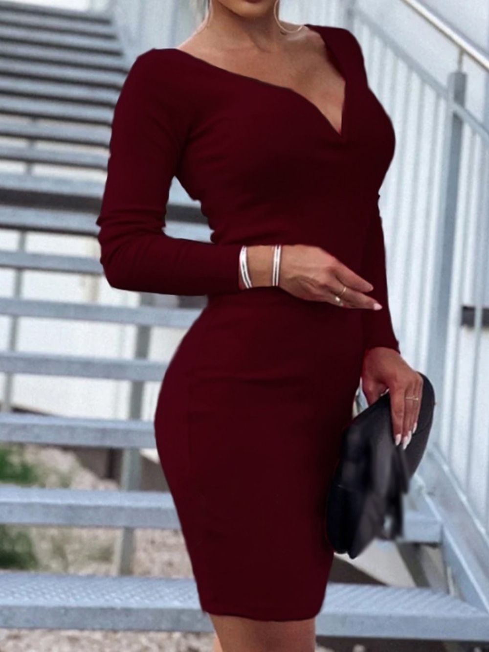 Effen Bodycon-Jurk Met V-Hals Boven De Knie Lange Mouwen
