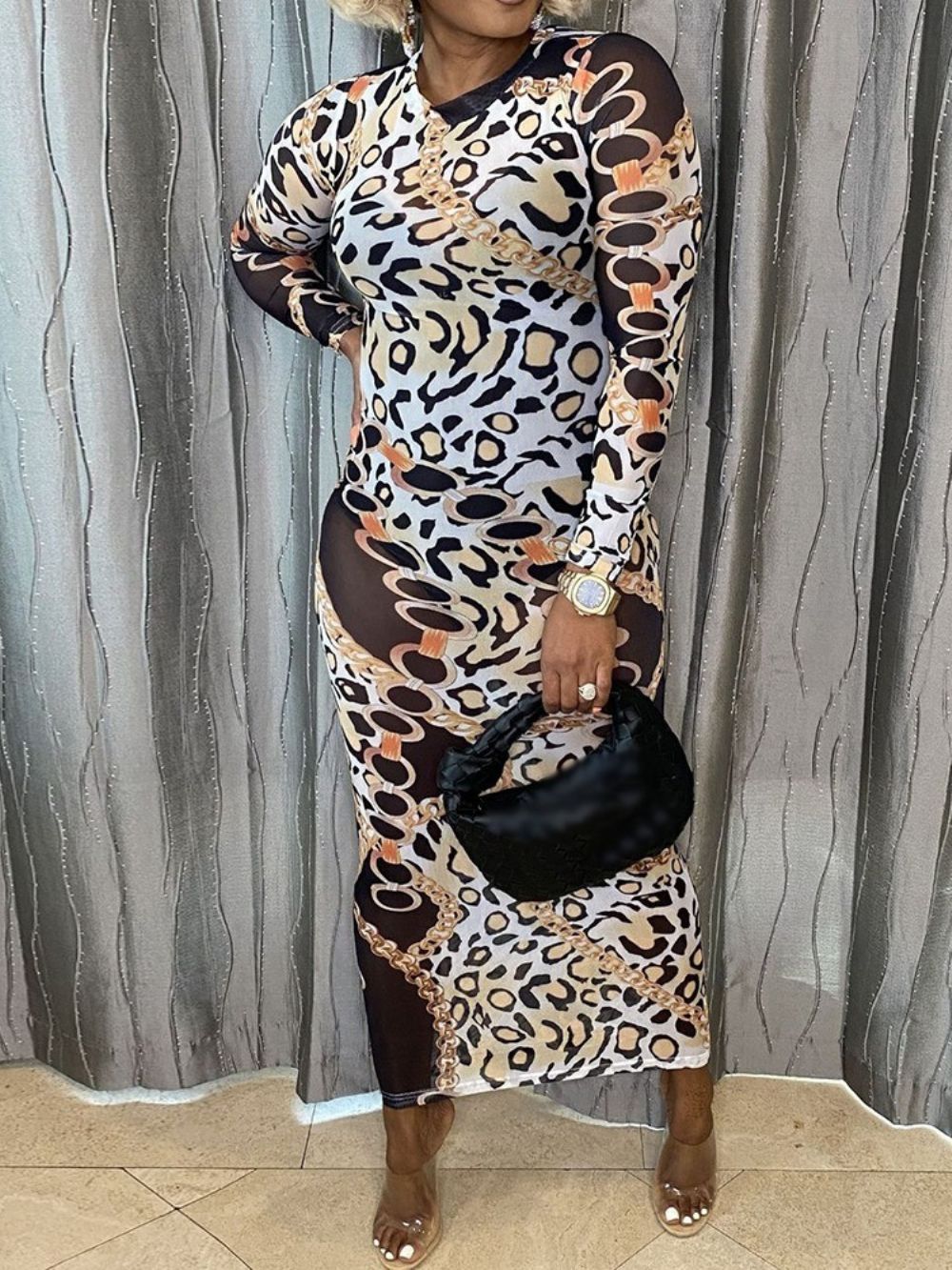 Enkellange Bodycon-Jurk Met Ronde Hals En Lange Mouwen