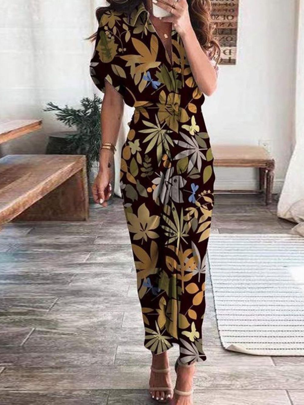 Enkellange Patchwork Bodycon-Jurk Met Korte Mouwen En Kleurblokken