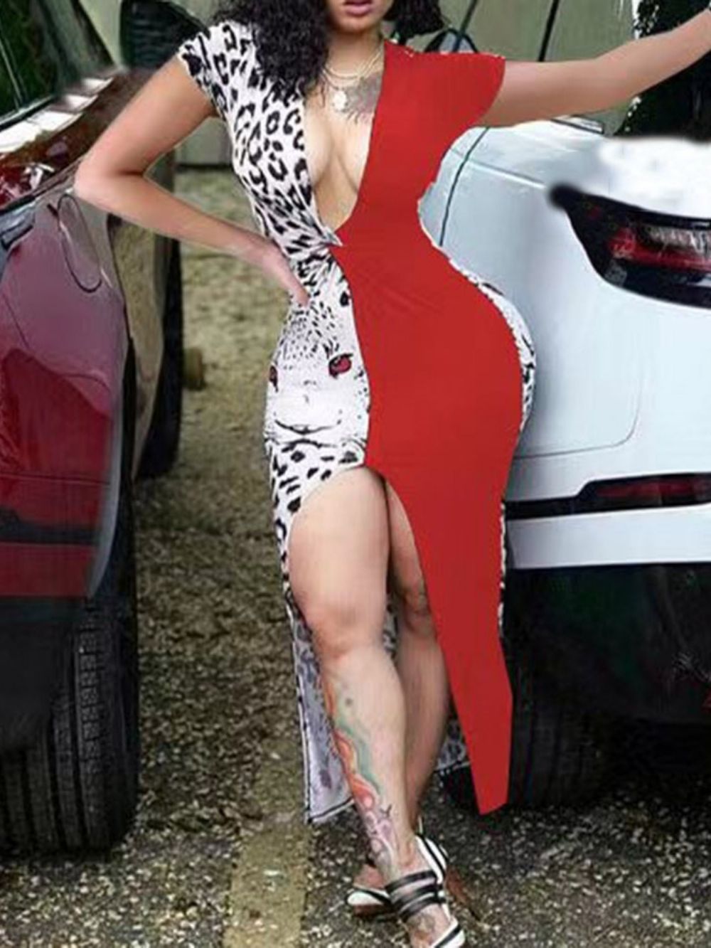 Enkellange Patchwork Normale Bodycon-Jurk Met Korte Mouwen