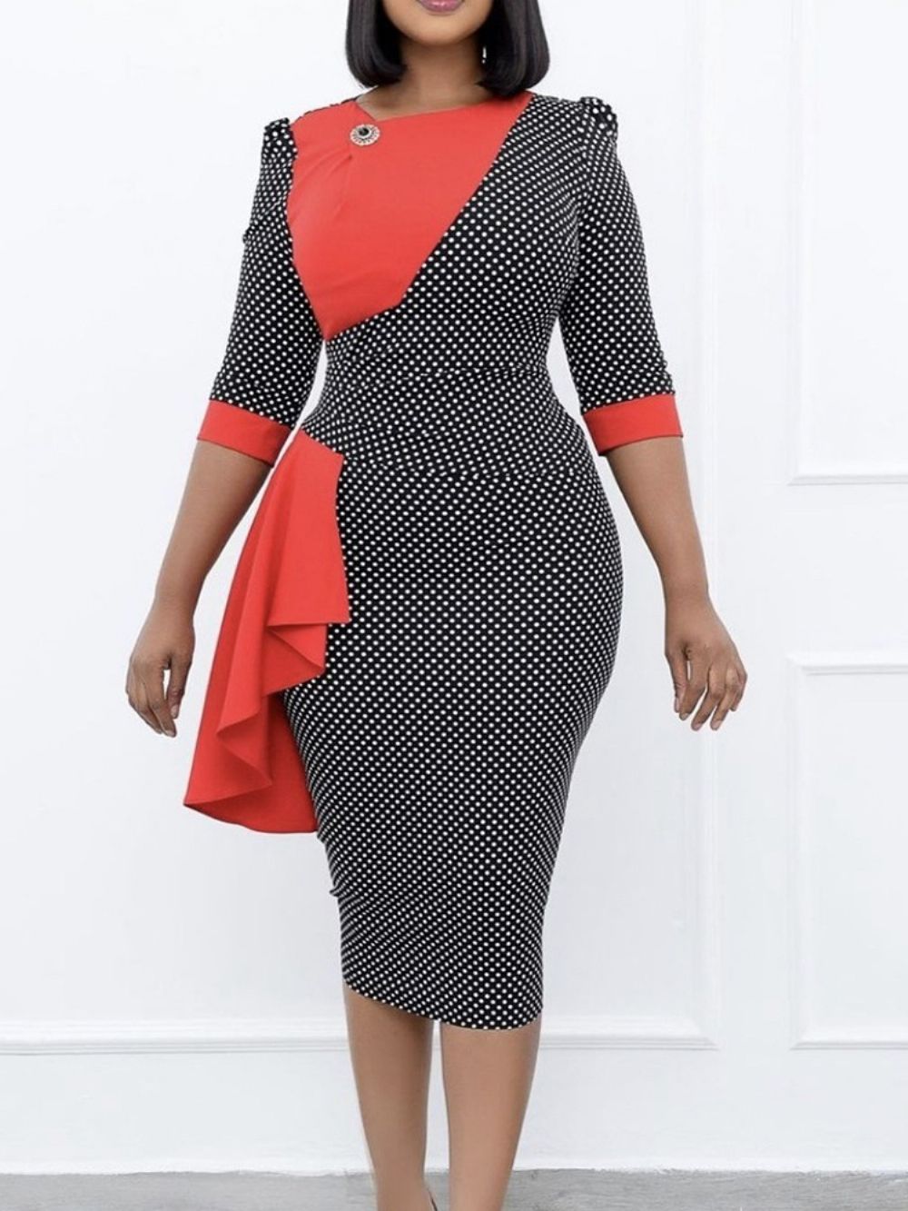 Formele Pullover-Jurk Met Patchwork Tot Halverwege De Kuit Driekwart Mouwen