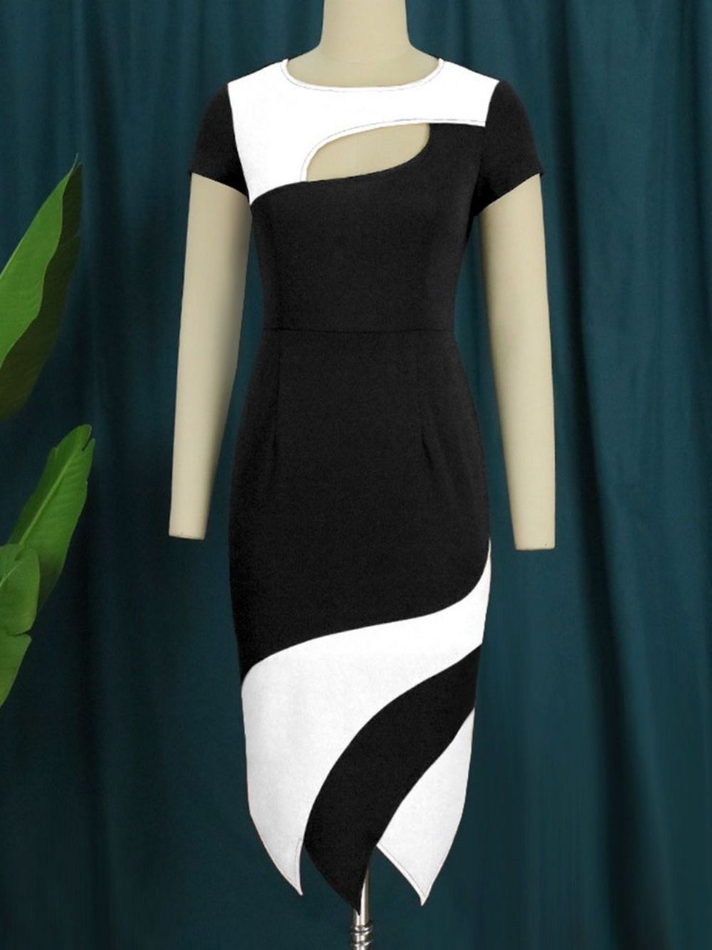 Halfhoge Bodycon-Jurk Met Korte Mouwen En Patchwork Normale Hoge Taille