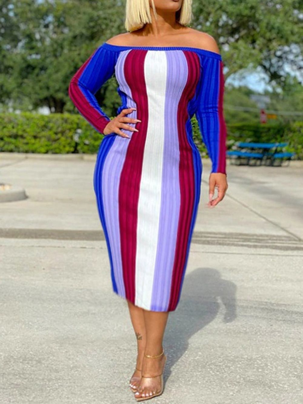 Halflange Off-Shoulder Bodycon-Jurk Met Lange Mouwen En Strepen