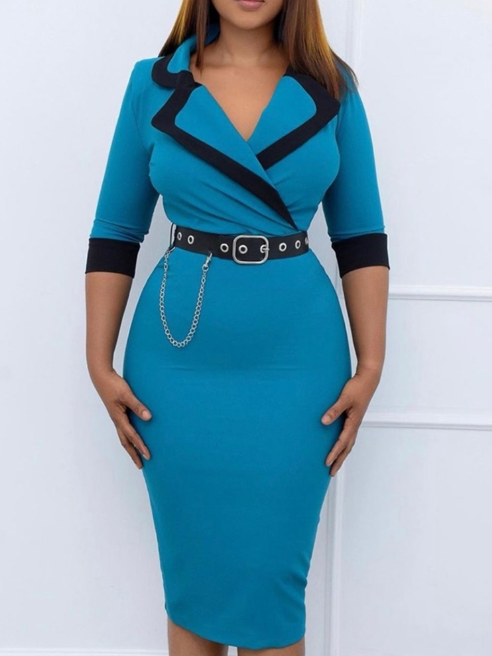 Halflange Patchwork Bodycon-Jurk Met Driekwartmouwen En Kleurblokken