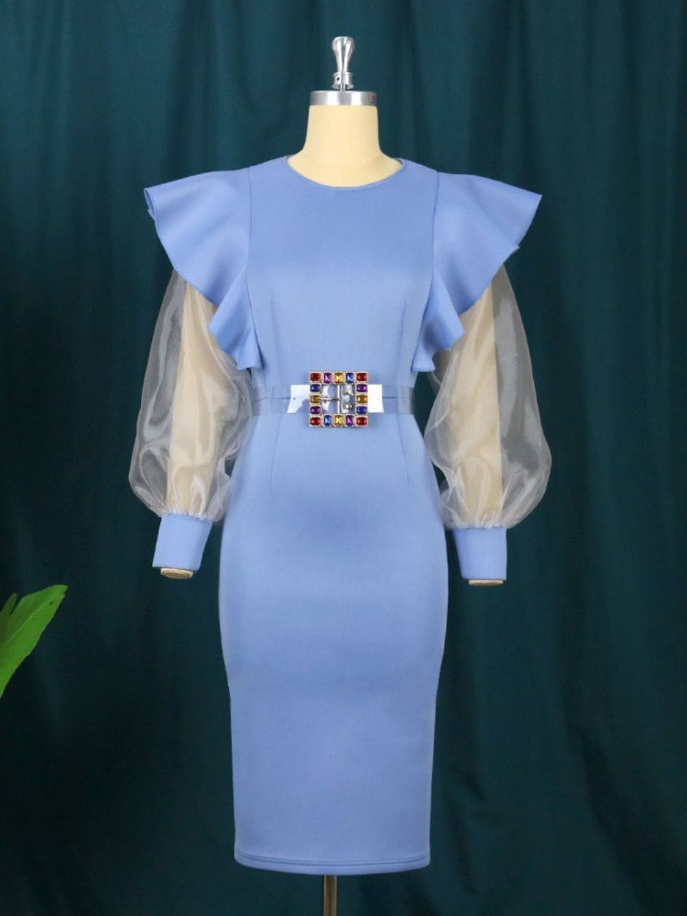 Knielange Bodycon-Jurk Met Lange Mouwen Ronde Hals En Hoge Taille