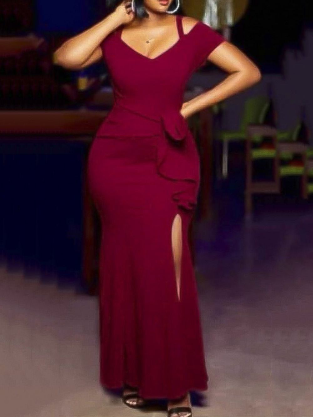 Mode Bodycon Jurk Met Korte Mouwen En Split Tot De Grond