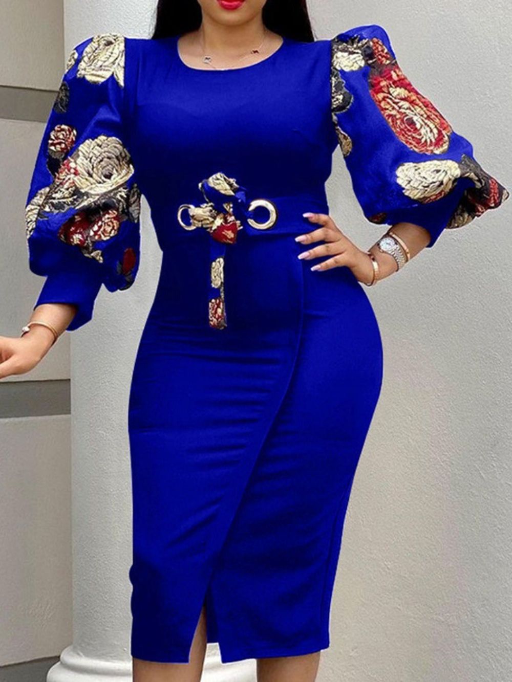 Mode Jurk Met Ronde Hals En Halfhoge Taille Met Print