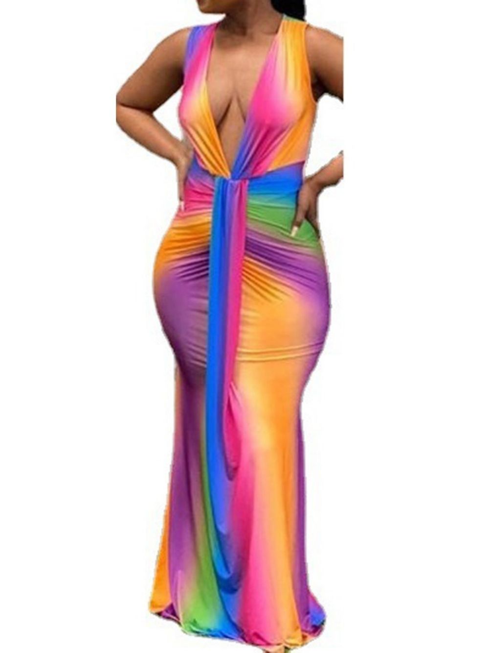 Mouwloze V-Hals Tot De Grond Westelijke Bodycon-Jurk