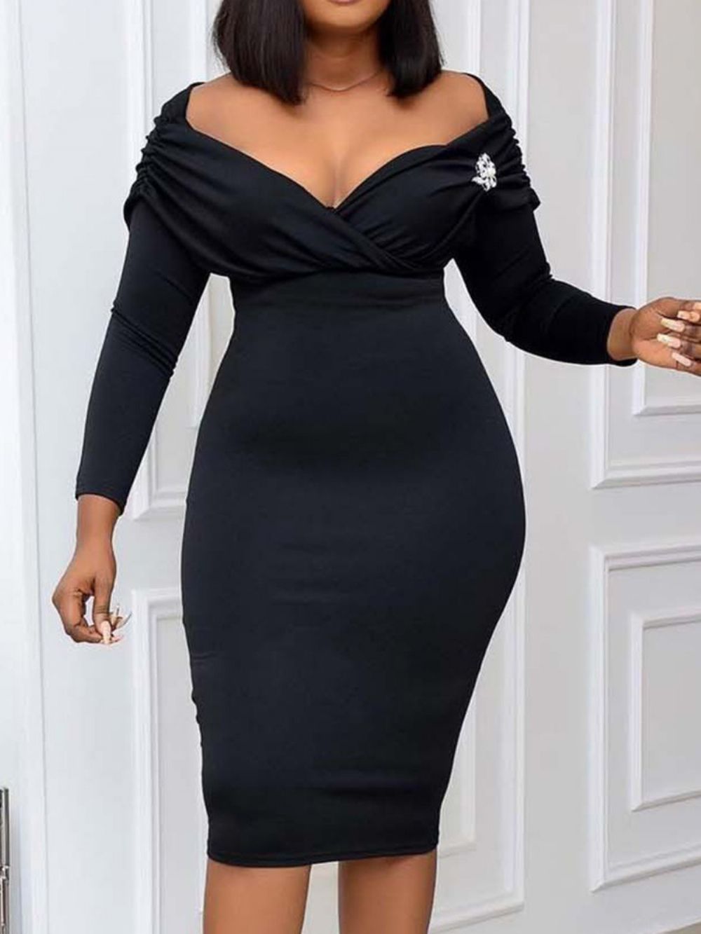 Negen Punten Mouw Halfhoge Bodycon Jurk Met Hoge Taille