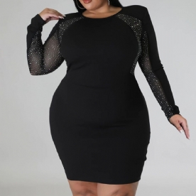 Plus maat Ronde Hals Patchwork Boven De Knie Herfst Regular Bodycon Jurk